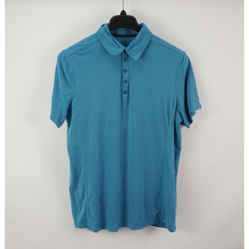 Hylete Performance Polo Shirt Men's Large Slim Short Sleeve Light Blue Striped